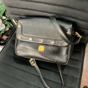 Black Leather Crossbody Bag with Gold Accents